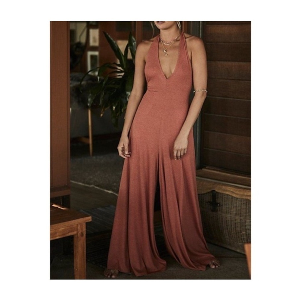 Free People Leigh Ribbed Wide Leg Jumpsuit Womens XS Mauve Boho 70s Coastal